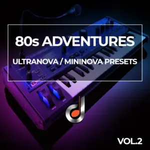 80s adventure synthesizer presets for Novation UltraNova and MiniNova with purple lighting and microphone