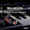 Behringer DeepMind 12 synthesizer with 80s Nights preset pack cover, featuring synth controls and piano keys in a retro music studio setting