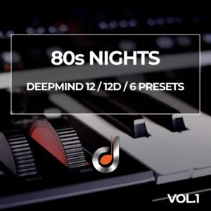 Behringer DeepMind 12 synthesizer with 80s Nights preset pack cover, featuring synth controls and piano keys in a retro music studio setting