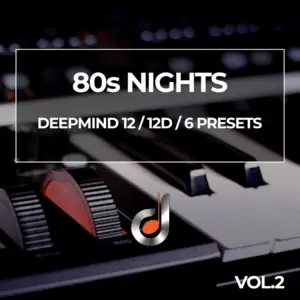 80s Nights Vol.2 preset pack cover for Behringer Deepmind 12 and 12D, showcasing synth keys and music production controls