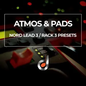 Atmos & Pads Nord Lead 3 and Rack 3 synth presets cover, featuring electronic music hardware controls in close-up view