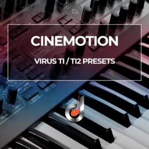 Synthesizer preset pack cover for Virus TI/TI2 with keyboard, labeled Cinemotion