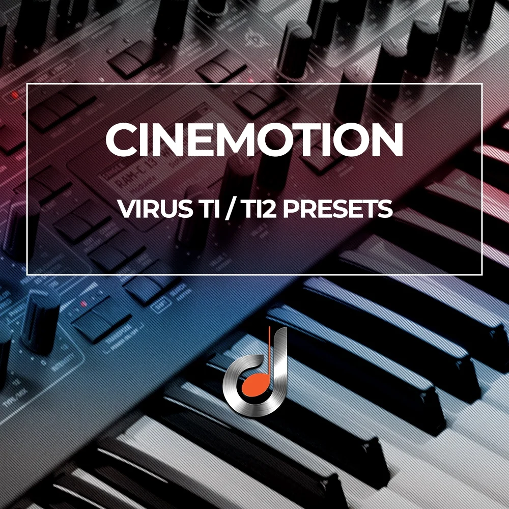 Synthesizer preset pack cover for Virus TI/TI2 with keyboard, labeled Cinemotion