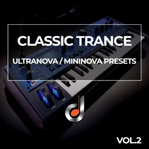 Classic trance synth sound presets for Novation Mininova and Ultranova keyboards with blue MIDI controller.