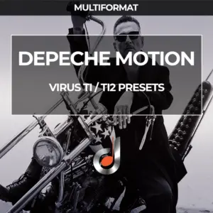 Depeche Motion Virus TI / TI2 synth presets cover featuring a black and white photo of a Dave Gahan on a classic motorcycle
