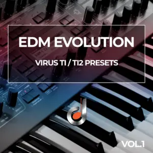 EDM Evolution Virus TI TI2 Presets cover: professional synthesizer keyboard, music production for EDM genres