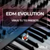 EDM Evolution Vol. 2 cover showing Virus TI/TI2 synthesizer presets with close-up keyboard and knobs for electronic music production.