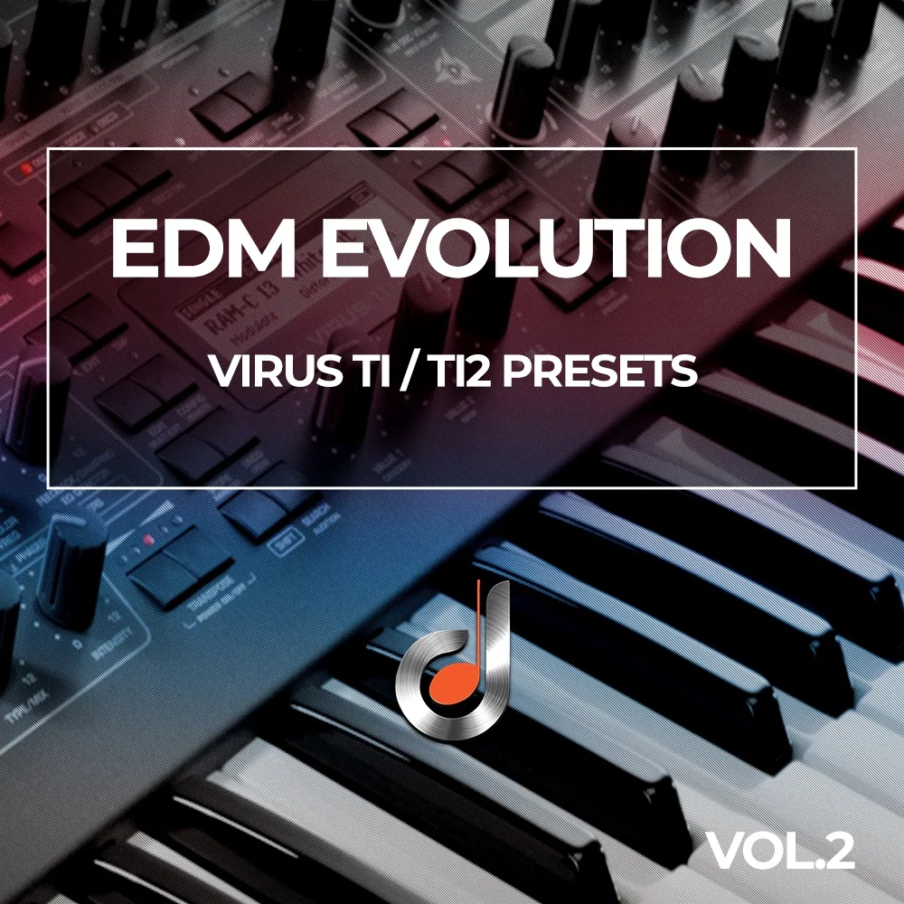 EDM Evolution Vol. 2 cover showing Virus TI/TI2 synthesizer presets with close-up keyboard and knobs for electronic music production.