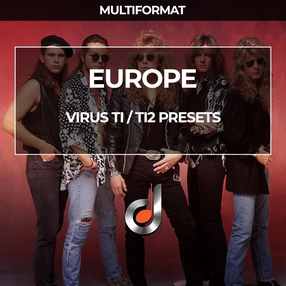 Synthwave-inspired Europe band members in classic rock attire, album cover for Virus TI/TI2 presets, red background.