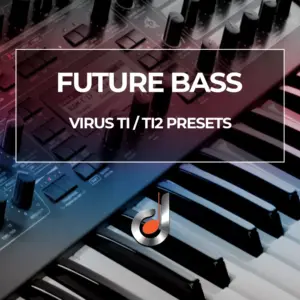 Future Bass Virus TI and TI2 presets cover with synth knobs and piano keys, promotional artwork for sound presets.