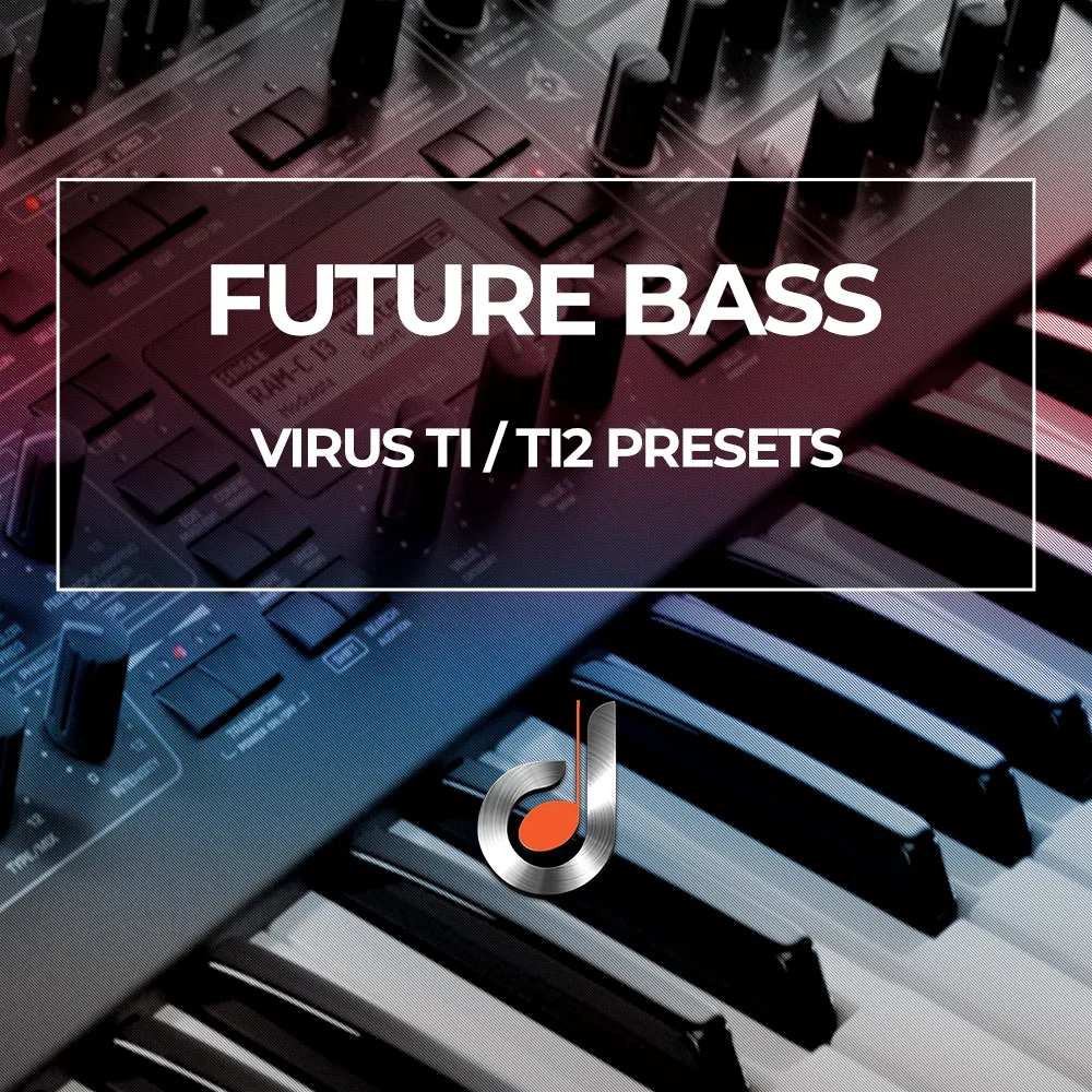Future Bass Virus TI and TI2 presets cover with synth knobs and piano keys, promotional artwork for sound presets.