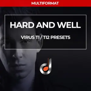 Hard and Well Virus TI/TI2 presets cover featuring half-face portrait of a DJ with modern music logo, multiformat soundbank