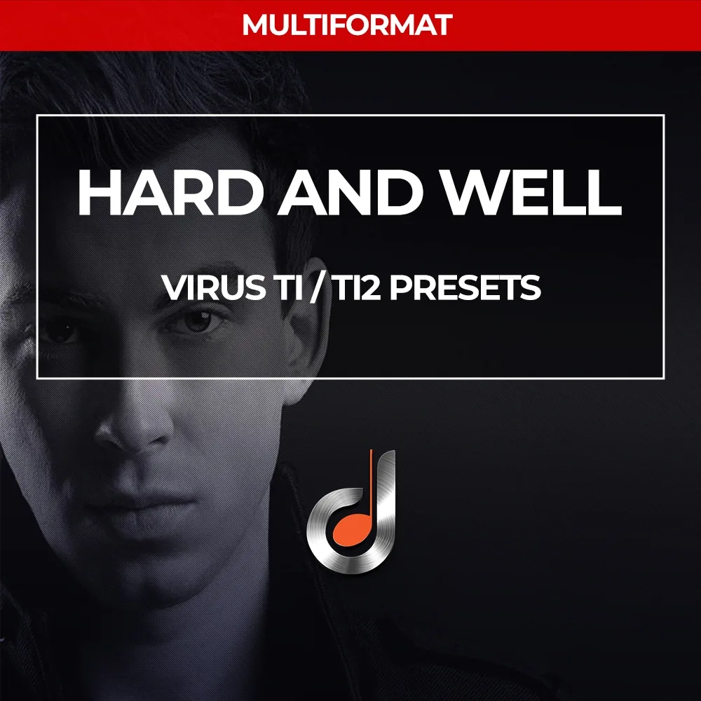 Hard and Well Virus TI/TI2 presets cover featuring half-face portrait of a DJ with modern music logo, multiformat soundbank