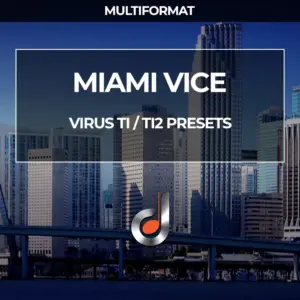Miami city skyline background showcasing DUSTONS Miami Vice Virus TI/T12 presets in multiformat music production cover