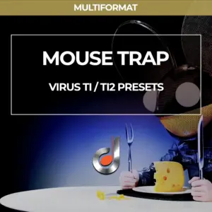 Mouse Trap preset pack cover for Virus TI/TI2 synthesizer featuring mouse helmet and cheese