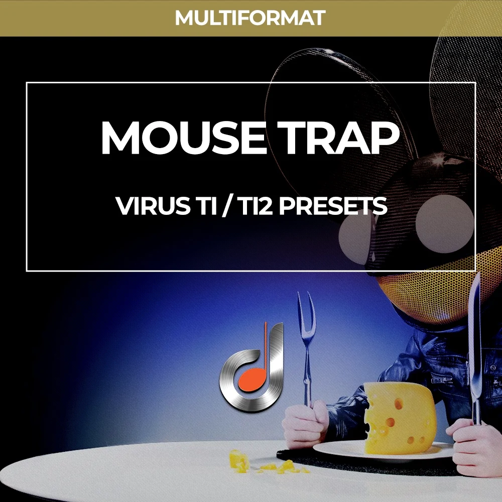 Mouse Trap preset pack cover for Virus TI/TI2 synthesizer featuring mouse helmet and cheese