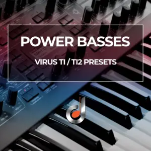 Powerful bass synthesizer presets for Virus TI and TI2 keyboards with modern dark studio background