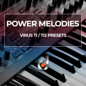 Virus TI and TI2 synthesizer keyboard with Power Melodies preset pack cover, music production sound design