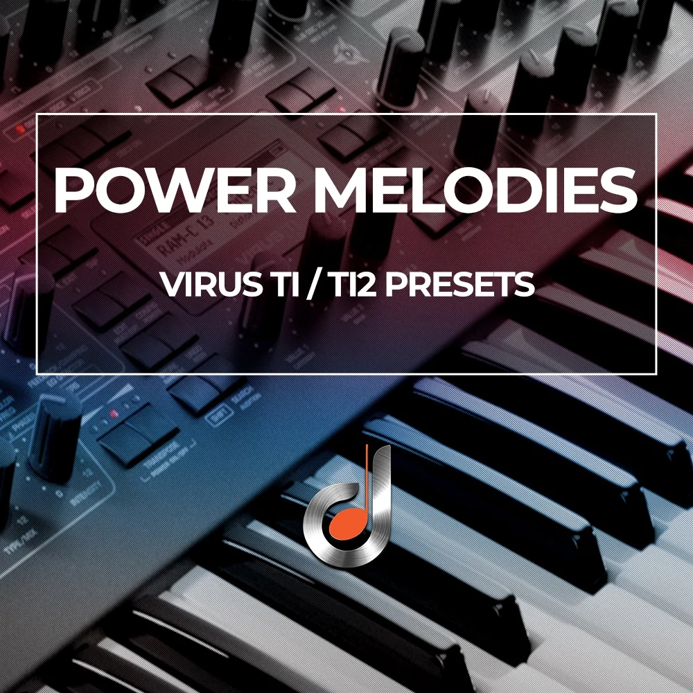 Virus TI and TI2 synthesizer keyboard with Power Melodies preset pack cover, music production sound design