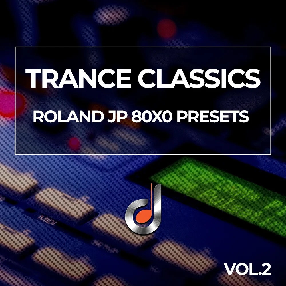Trance Classics Roland JP-8000, Roland JP-8080 and The Usual Suspects JE-8086 Presets cover art, electronic music soundbank, blue synthesizer background