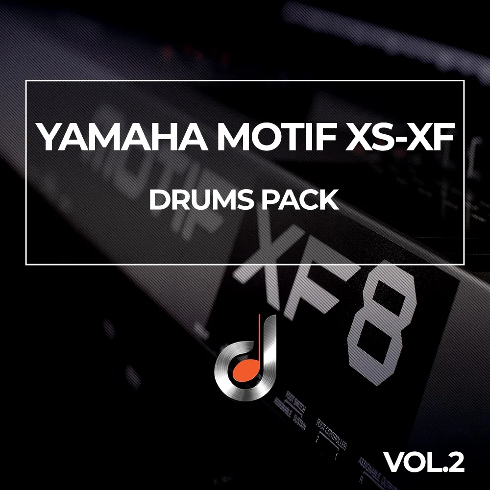 Yamaha Motif XS-XF Drums Pack Vol.2 cover featuring close-up of XF8 synthesizer keyboard, perfect for music producers seeking drum samples