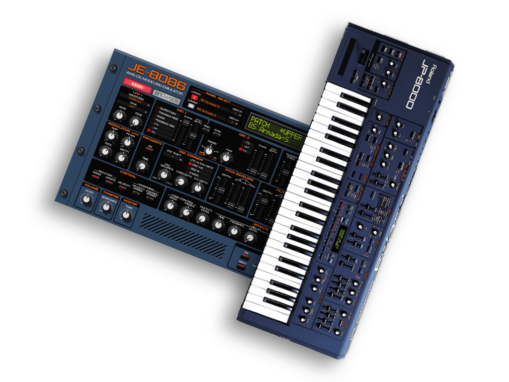 Roland JP-8000 synthesizer keyboard and JE-8086 virtual analog modeling interface, classic blue gear for electronic music production