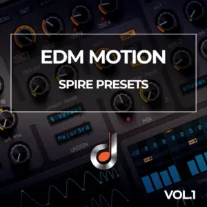 EDM Motion Spire Presets Vol. 1 cover showing electronic music synthesizer controls and waveform display