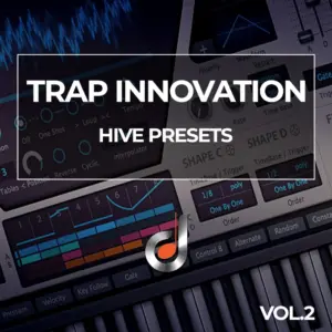 Trap Innovation Hive Presets Vol.2 album cover featuring advanced synthesizer interface and music production tools