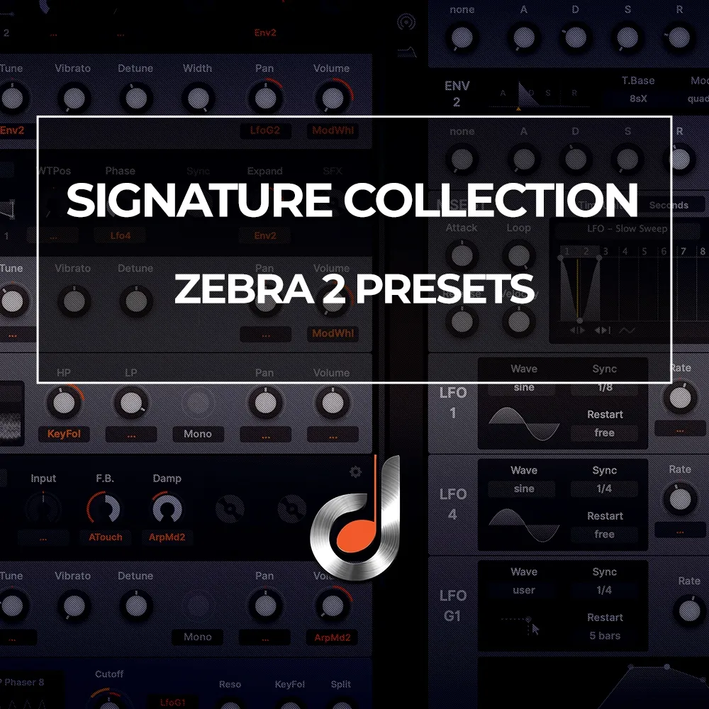 Signature Collection Zebra 2 Presets cover art showing synthesizer interface with control knobs and modulation panels