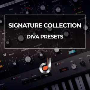 Signature Collection Diva Presets synthesizer interface with oscillators, knobs, and MIDI keyboard for music production