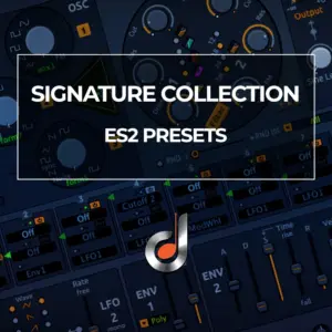 Signature Collection ES2 Presets: Music production synth interface with modulation controls and envelopes, ideal for electronic sound design.