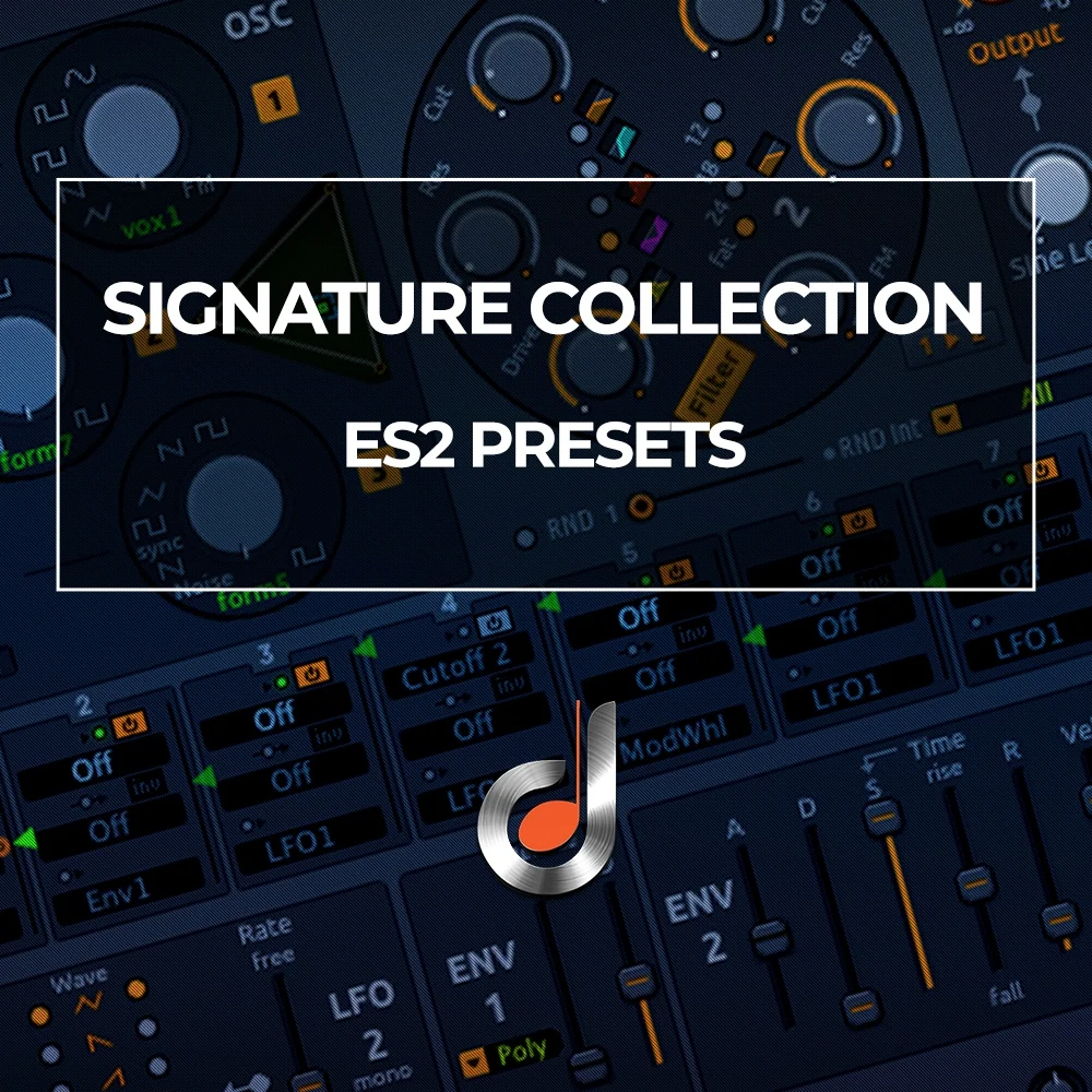 Signature Collection ES2 Presets: Music production synth interface with modulation controls and envelopes, ideal for electronic sound design.