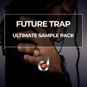 Future Trap Ultimate Sample Pack cover with hip hop artist, modern rings, and music logo