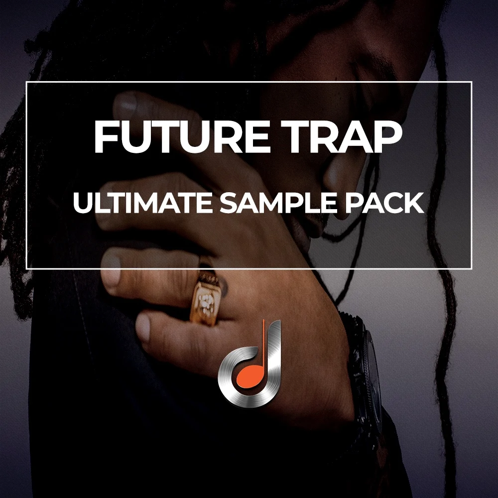 Future Trap Ultimate Sample Pack cover with hip hop artist, modern rings, and music logo
