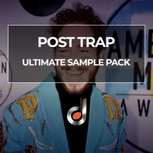Post Trap Ultimate Sample Pack cover with artist in embroidered blue jacket at music awards backdrop