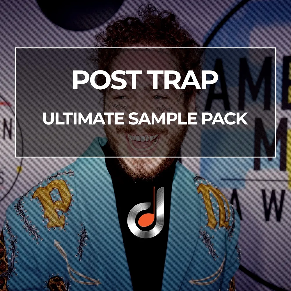 Post Trap Ultimate Sample Pack cover with artist in embroidered blue jacket at music awards backdrop