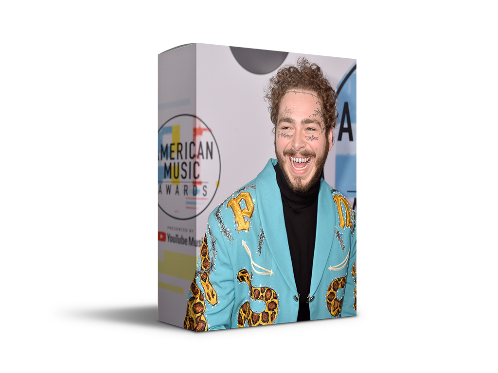 Stylish product box featuring a celebrity in a vibrant turquoise jacket at the American Music Awards event