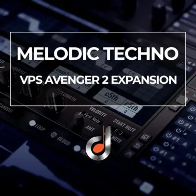 Melodic Techno VPS Avenger 2 Expansion cover featuring a close-up of the synthesizer interface and music controls