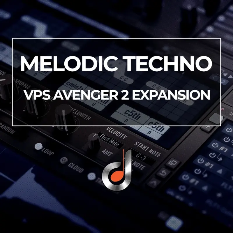 Melodic Techno VPS Avenger 2 Expansion cover featuring a close-up of the synthesizer interface and music controls