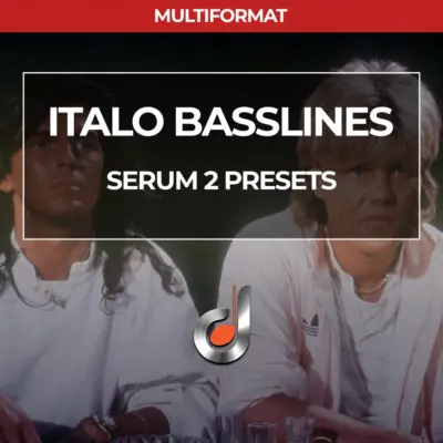 Italo Basslines Serum 2 Presets music production pack cover by Dustons for Italo Disco bass sounds.