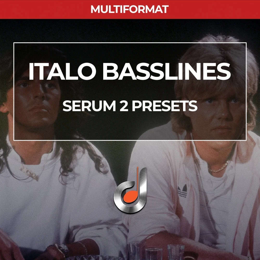 Italo Basslines Serum 2 Presets music production pack cover by Dustons for Italo Disco bass sounds.
