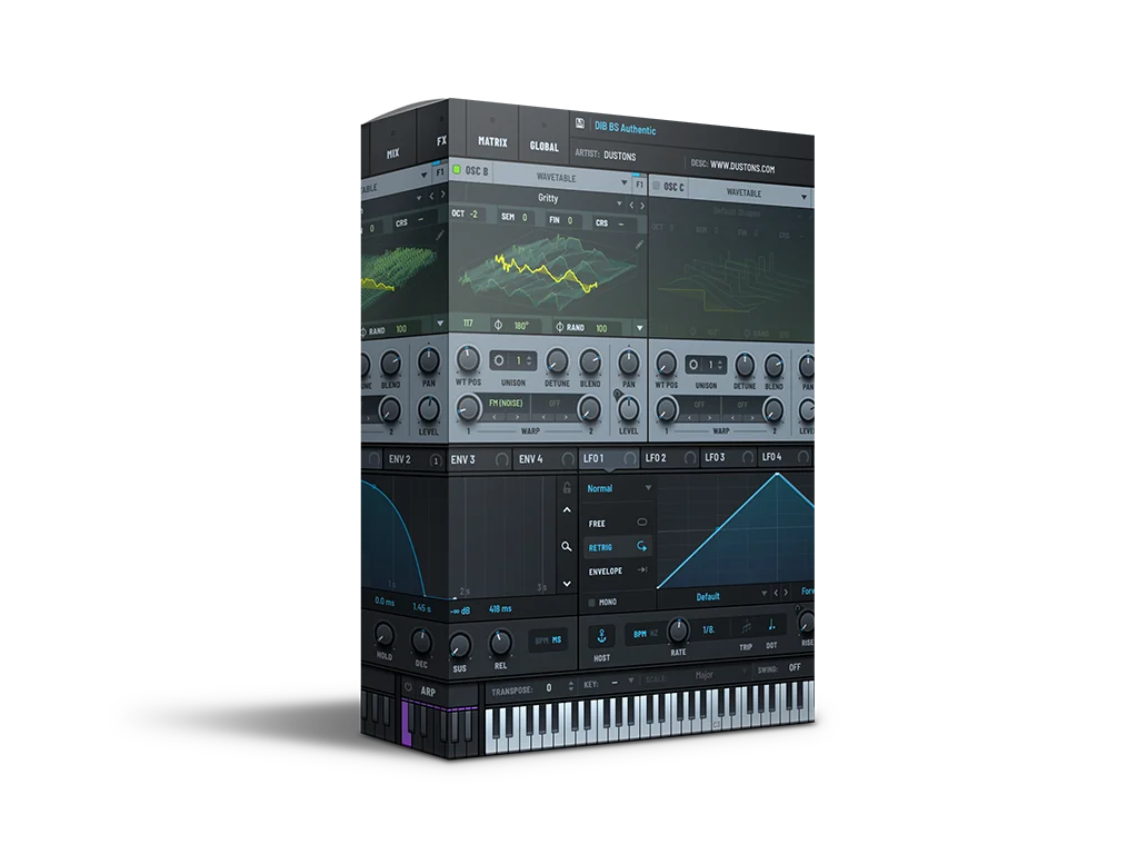 Advanced wavetable synthesizer interface showing oscillators, filters, and modulation controls in Xfer Records Serum 2 plugin.