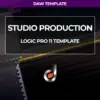 Modern DAW template cover for Logic Pro 11 titled “Studio Production” with piano roll interface background and Dustons music production logo.