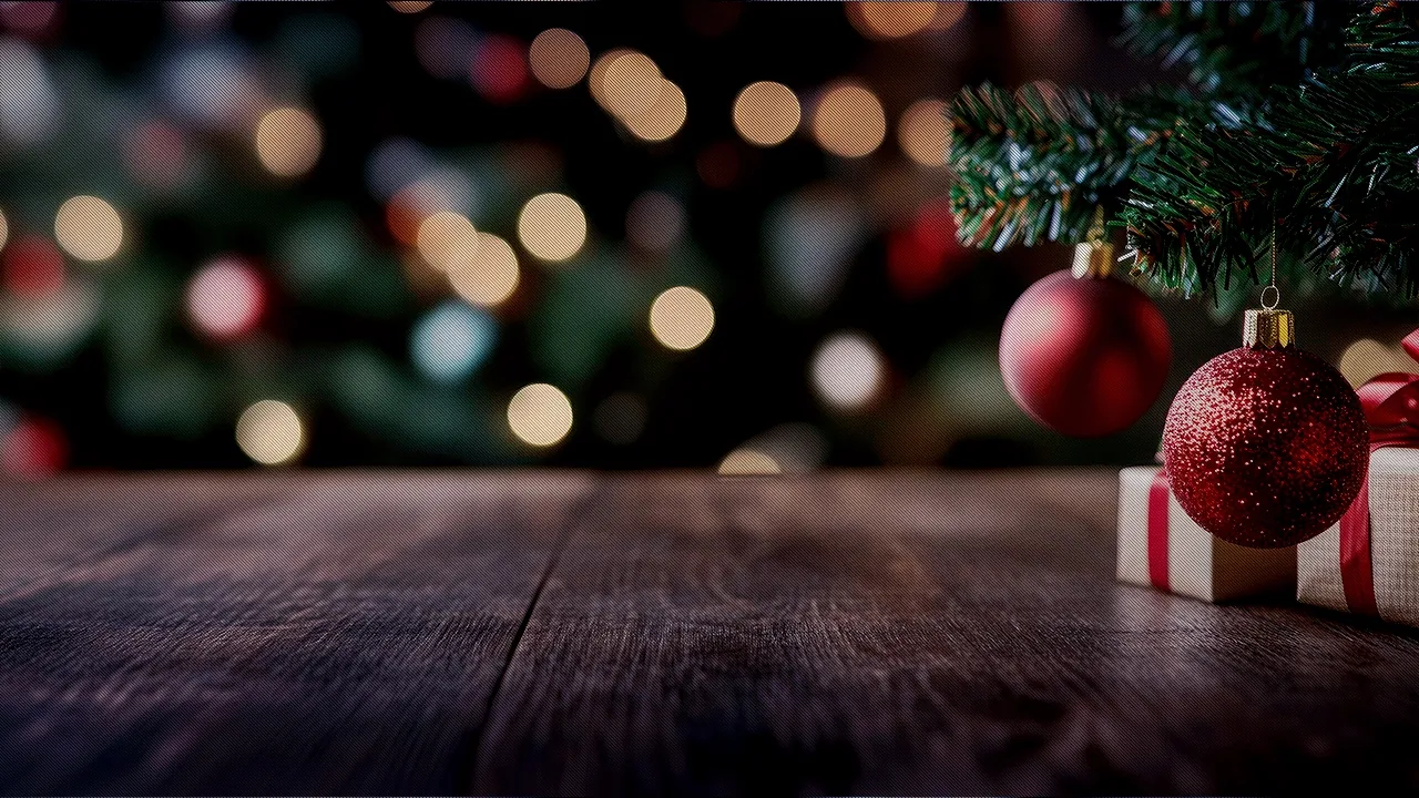 Cozy Christmas scene with decorated tree, red baubles and gift boxes on rustic wooden table, blurred festive lights glowing in the background.