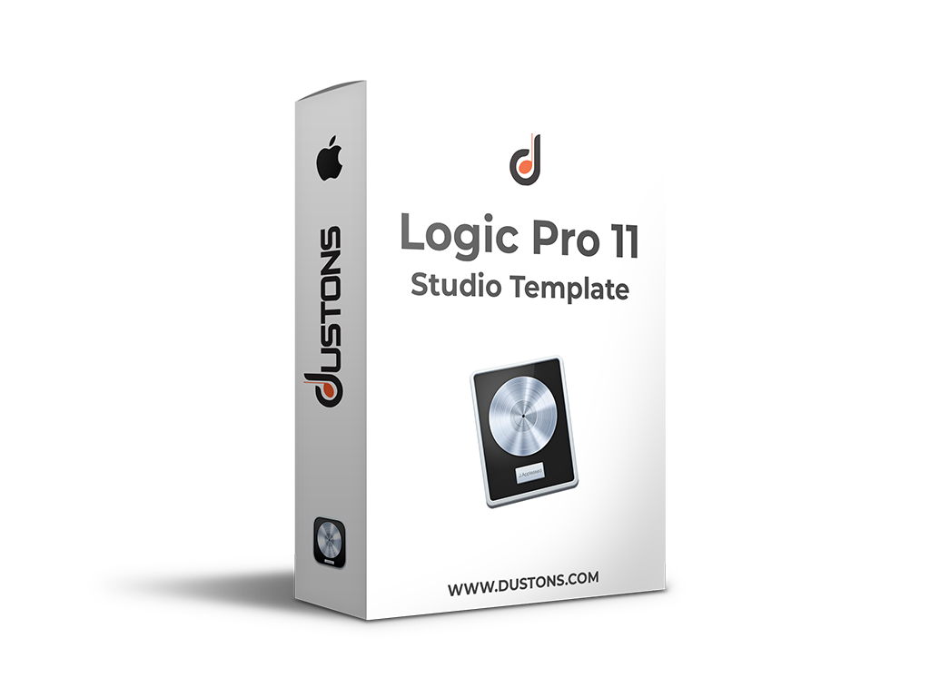 Logic Pro 11 studio template product box mockup for Mac music producers by Dustons, featuring the Logic Pro icon and website URL.