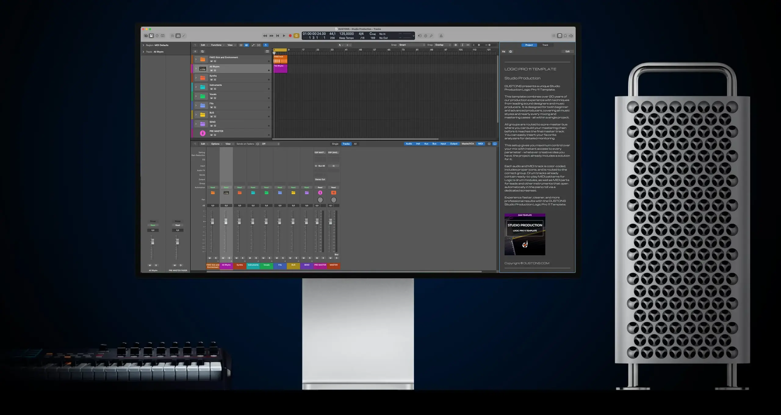 Wide desktop setup showing Apple’s Logic Pro audio production software on a large display next to a silver Mac Pro tower and MIDI keyboard on a dark blue studio background.
