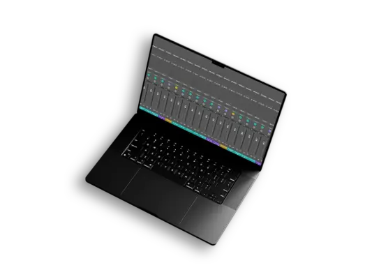Sleek black Apple MacBook laptop with audio mixing software on screen, isolated on a white background.