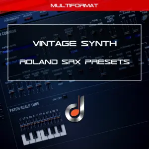 Vintage Synth Roland SRX Presets promotional cover featuring a dark blue Roland-style synthesizer interface with sliders and controls, bold futuristic typography, and DUSTONS branding for Roland Cloud SRX Keyboards software synthesizer presets.
