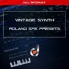 Vintage Synth Roland SRX Presets promotional cover featuring a dark blue Roland-style synthesizer interface with sliders and controls, bold futuristic typography, and DUSTONS branding for Roland Cloud SRX Keyboards software synthesizer presets.