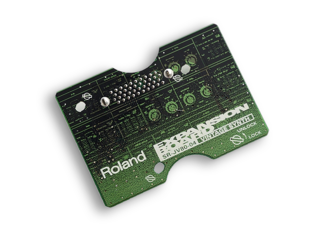 Roland SR-JV80-04 Vintage Synth expansion board circuit card featuring the iconic Vintage Synth collection for Roland JV and XV series synthesizers, isolated on a transparent background.